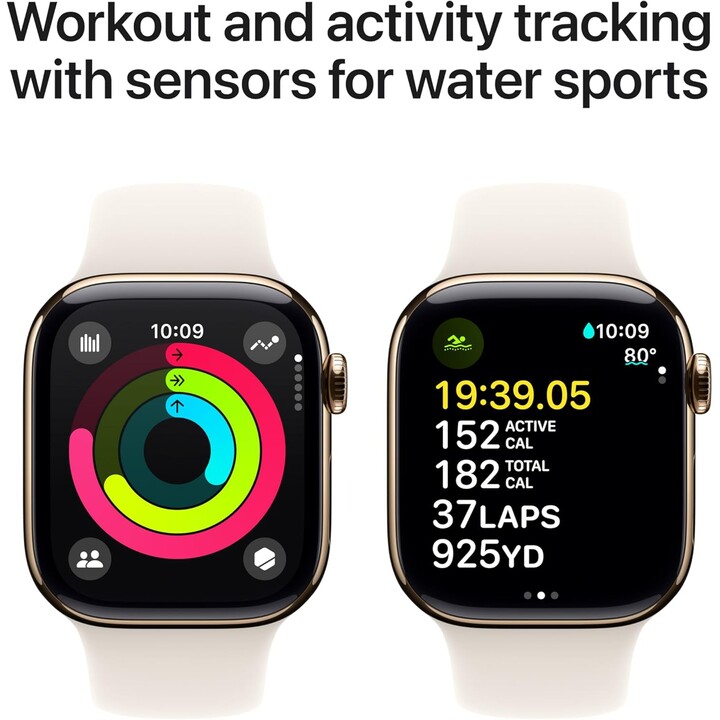 Apple Watch Series 10 GPS Cellular 46 mm, Titangehäuse in Gold und Sportriemen im Polarstern - Größe m/l
