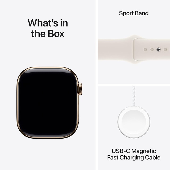 Apple Watch Series 10 GPS Cellular 46 mm, Titangehäuse in Gold und Sportriemen im Polarstern - Größe m/l