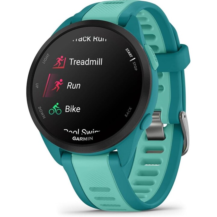 Garmin Forerunner 165 Music GPS 43 mm con reloj inteligente, pantalla táctil AMOLED, entrenamiento avanzado, hasta 11, Aqua