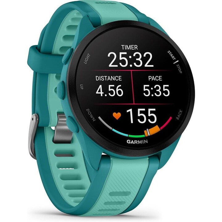 Garmin Forerunner 165 Music GPS 43 mm con reloj inteligente, pantalla táctil AMOLED, entrenamiento avanzado, hasta 11, Aqua
