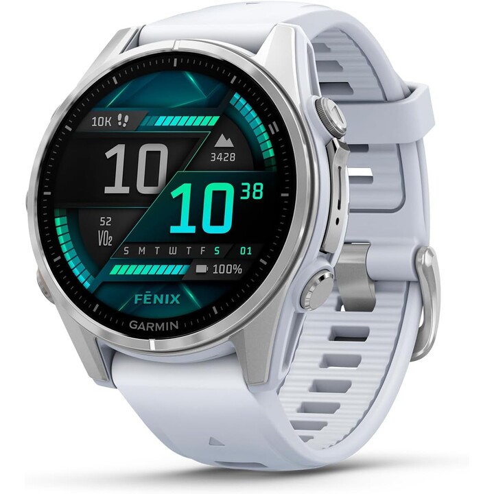 Garmin Fenix ​​8-43 mm, reloj inteligente GPS MultiSport premium AMOLED, batería de larga duración, plata con banda Whitestone