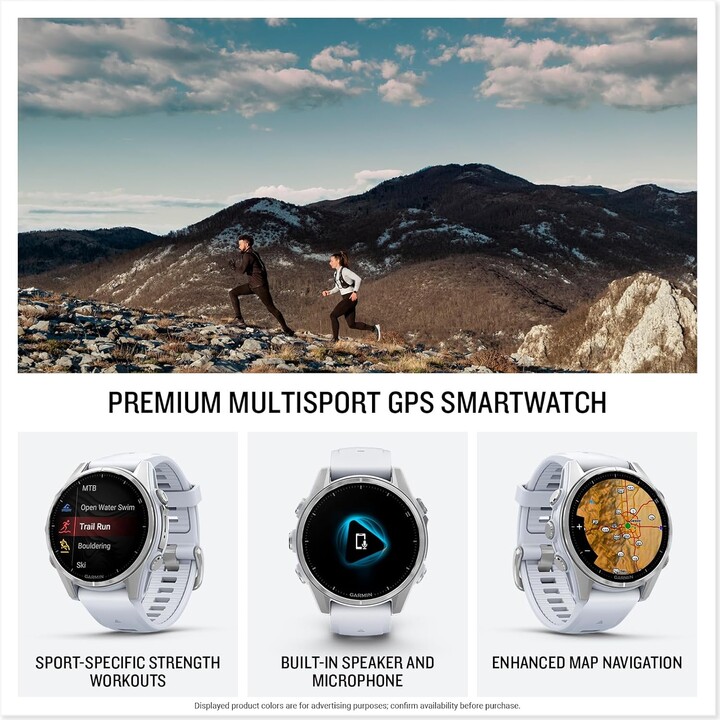 Garmin Fenix ​​8-43 mm, reloj inteligente GPS MultiSport premium AMOLED, batería de larga duración, plata con banda Whitestone