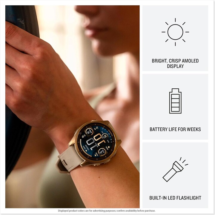Garmin Fenix ​​8-43 mm, reloj inteligente GPS MultiSport premium AMOLED, batería de larga duración, plata con banda Whitestone
