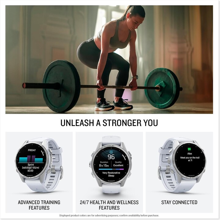 Garmin Fenix ​​8-43 mm, reloj inteligente GPS MultiSport premium AMOLED, batería de larga duración, plata con banda Whitestone