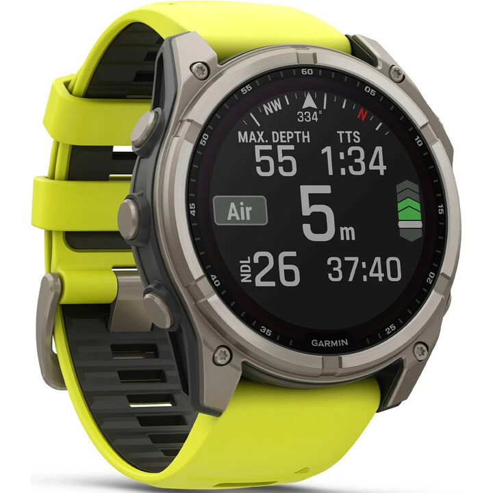 Garmin Fenix ​​8-51 mm, solar, nalle de bucle, lámpara LED incorporada, zafiro, titanio con correa de silicona amarilla