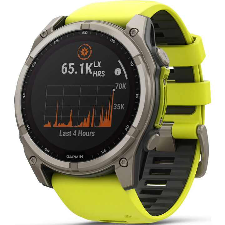 Garmin Fenix ​​8-51 mm, solar, nalle de bucle, lámpara LED incorporada, zafiro, titanio con correa de silicona amarilla