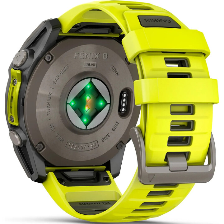 Garmin Fenix ​​8-51 mm, solar, nalle de bucle, lámpara LED incorporada, zafiro, titanio con correa de silicona amarilla