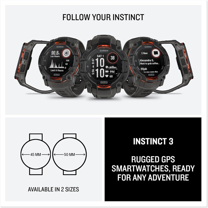 Garmin Instinct 3 1.969 Pantalla de carga solar, reloj inteligente GPS al aire libre resistente, bisel reforzado con metal, carb