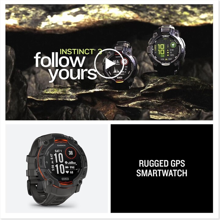 Garmin Instinct 3 1.969 Pantalla de carga solar, reloj inteligente GPS al aire libre resistente, bisel reforzado con metal, carb