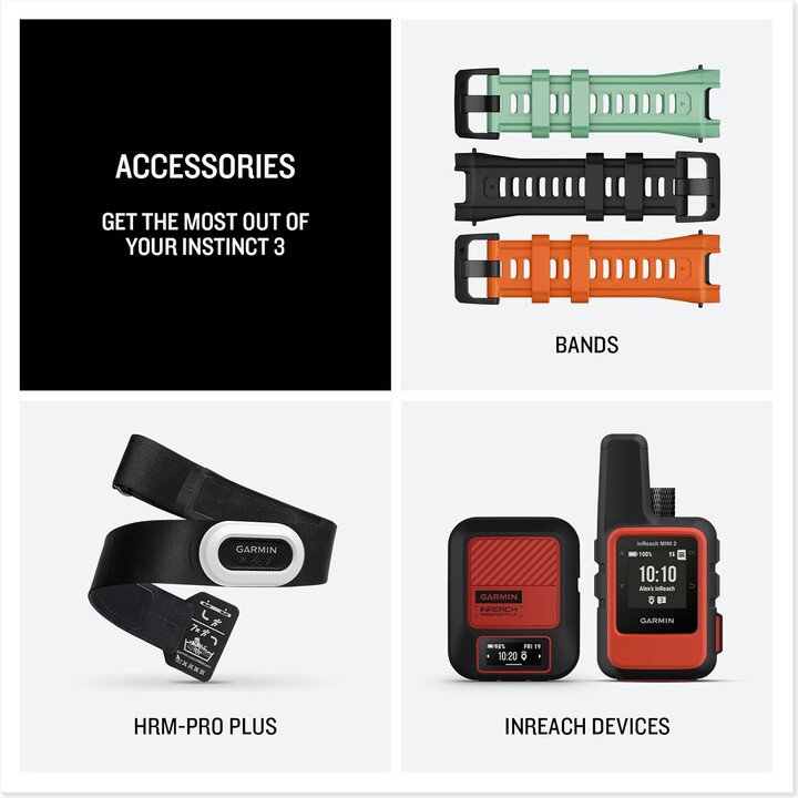 Garmin Instinct 3 1.969 Pantalla de carga solar, reloj inteligente GPS al aire libre resistente, bisel reforzado con metal, carb