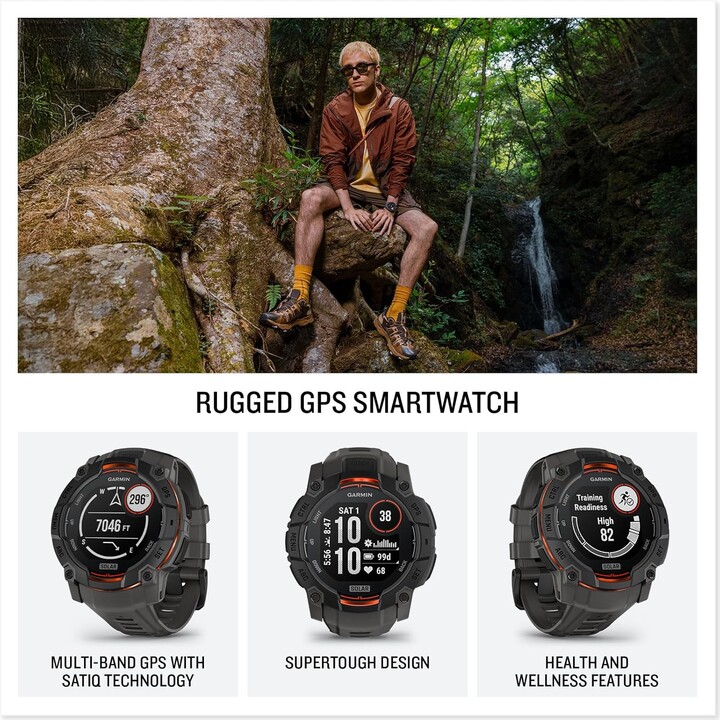 Garmin Instinct 3 1.969 Pantalla de carga solar, reloj inteligente GPS al aire libre resistente, bisel reforzado con metal, carb