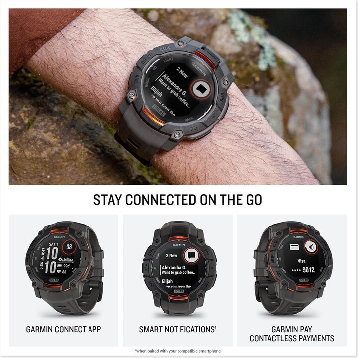 Garmin Instinct 3 1.969 Pantalla de carga solar, reloj inteligente GPS al aire libre resistente, bisel reforzado con metal, carb