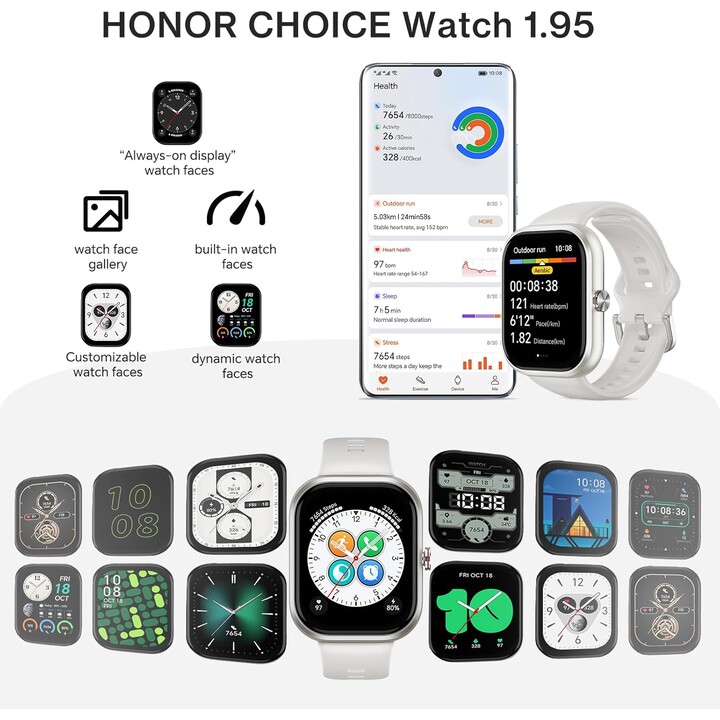 HONOR Choice Smartwatch, Fitness Tracker, SpO2, 1.95 AMOLED Display, 12 Days, GPS, 5ATM, White
