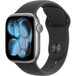 Apple Watch Series 11 GPS 46mm, Aluminiumgehäuse in Space Grau, mit schwarzem Sportarmband, Größe S/m