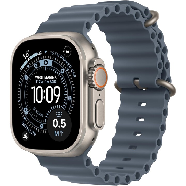 Apple Watch Ultra 3 GPS Cellular 49 mm Gehäuse aus natürlichem Titan mit nautischblauem Ozeanarmband
