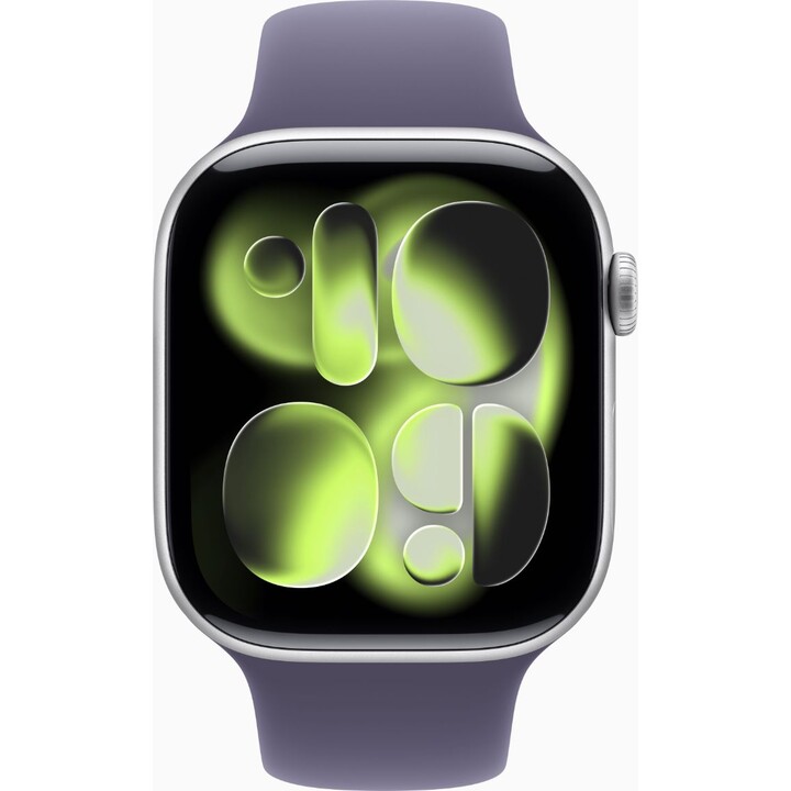 Apple Watch Series 11 GPS Cellular Cassa in alluminio color argento da 46 mm con cinturino sportivo viola nebbia, taglia M/L