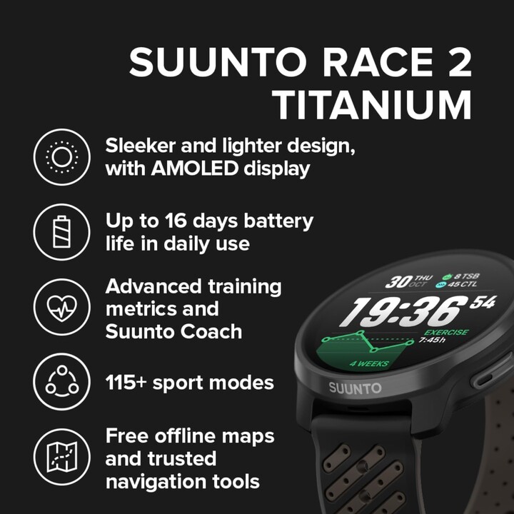 SUUNTO Race 2 Reloj deportivo con GPS, brillante pantalla táctil AMOLED de 1,5 pulgadas, diseño más elegante y ligero, 115+ modo
