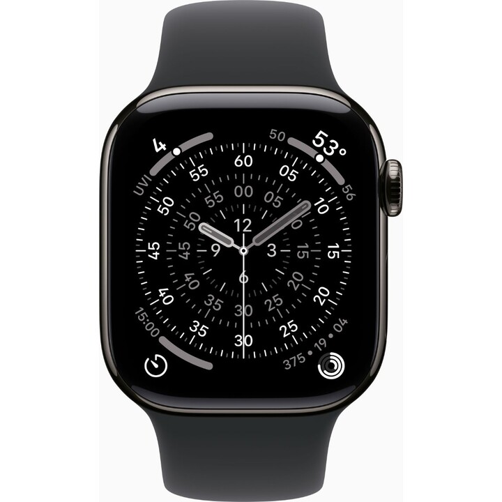 Apple Watch Series 11 GPS Cellular 42mm Caja de titanio pizarra con correa deportiva negra M/L