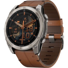 Garmin fenix 8 AMOLED 51 mm Zafiro Titanio con correa de cuero marrón