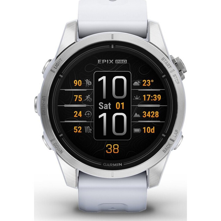 Boîtier argenté WiFi Garmin Epix Pro Gen 2 47 mm avec bracelet sport blanc