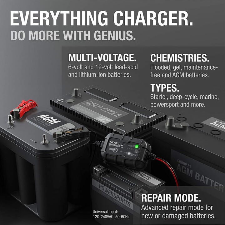 NOCO GENIUS5 Cargador de baterías de 5A para baterías de 6V/12V con función de mantenimiento y desulfuración