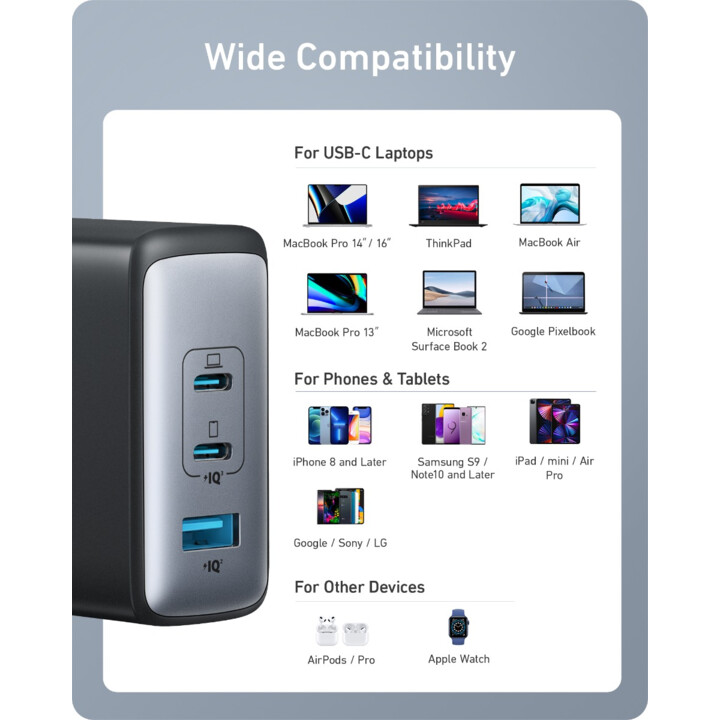 Anker 736 Nano II/ 1xUSB-A/ 2xUSB Tipo-C/ Carregador de parede de 100 W