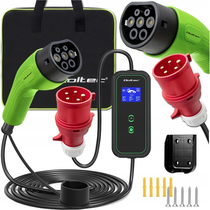 Qoltec 52471 Cargador de móvil para EV 2 en 1 tipo2 | 7kW | 230V | CEE 5 PINES