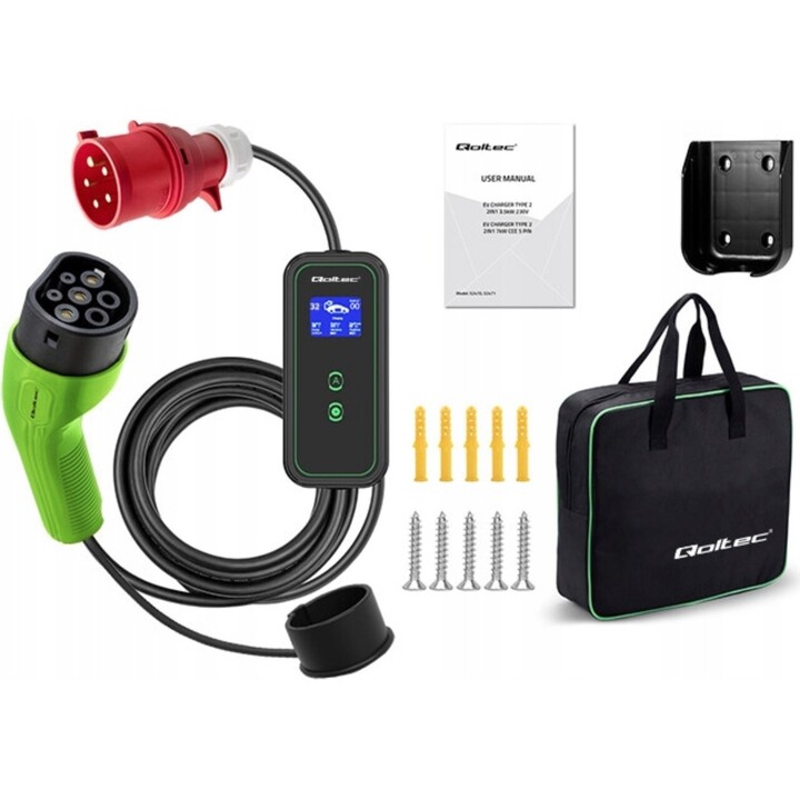 Qoltec 52471 Cargador de móvil para EV 2 en 1 tipo2 | 7kW | 230V | CEE 5 PINES