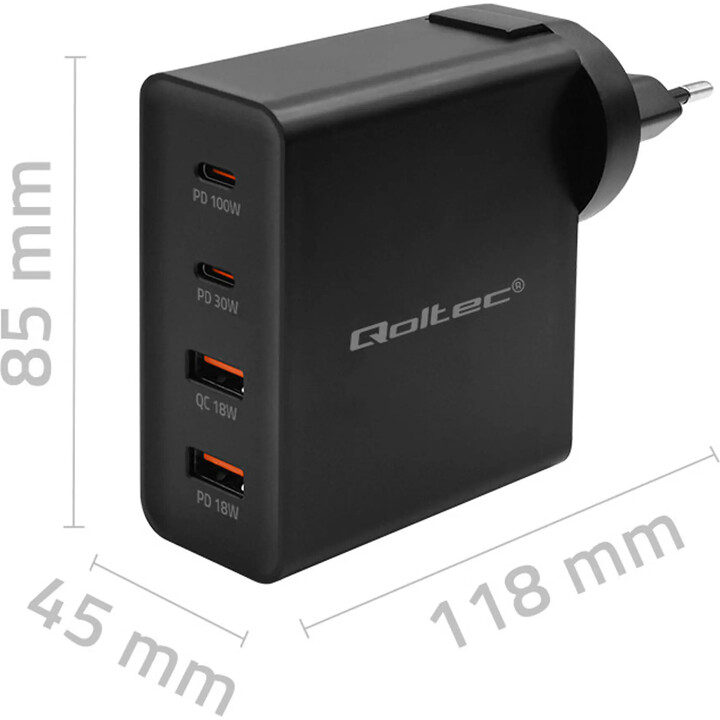 Qoltec GaN POWER PRO Charger | 2xUSB-C | 2xUSB | 130W | 5-20V | 1.5-5A | XP | Black