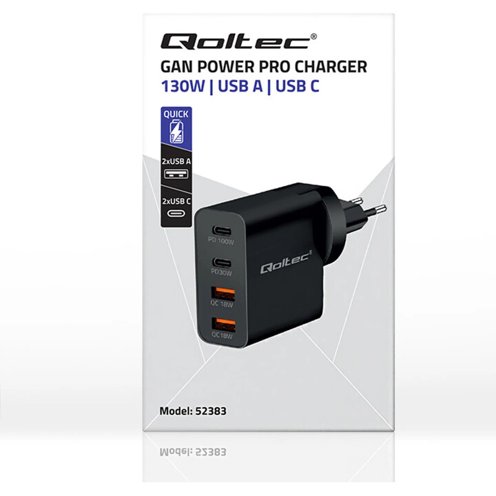 Qoltec GaN POWER PRO Charger | 2xUSB-C | 2xUSB | 130W | 5-20V | 1.5-5A | XP | Black