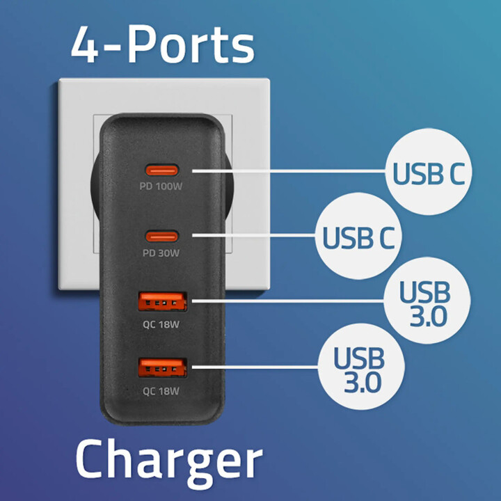 Qoltec GaN POWER PRO Charger | 2xUSB-C | 2xUSB | 130W | 5-20V | 1.5-5A | XP | Black