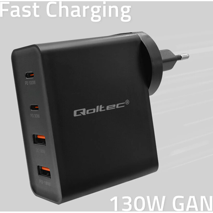 Qoltec GaN POWER PRO Charger | 2xUSB-C | 2xUSB | 130W | 5-20V | 1.5-5A | XP | Black