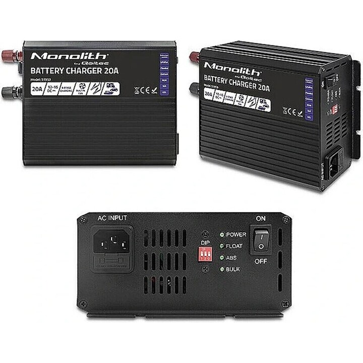 Chargeur de batterie intelligent Qoltec Monolith pour batteries LiFePO4 AGM GEL SLA | 20A | 225