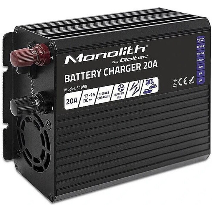 Qoltec Monolith Smart Battery Charger for LiFePO4 AGM GEL SLA Batteries | 20A | 12V