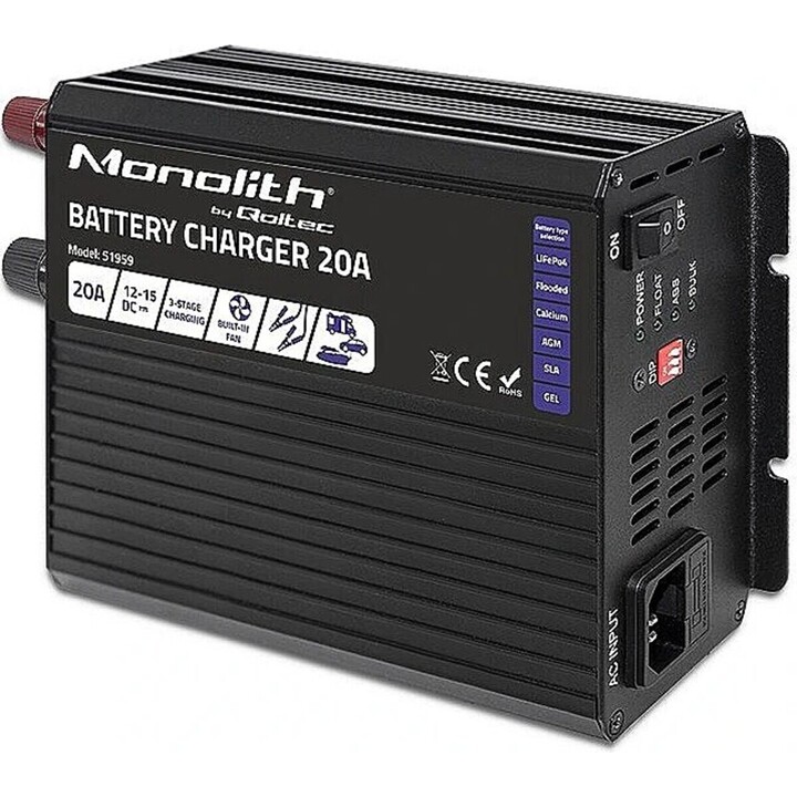 Qoltec Monolith Smart Battery Charger for LiFePO4 AGM GEL SLA Batteries | 20A | 12V