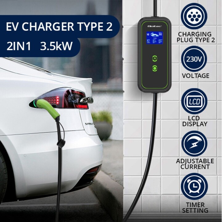Caricabatterie per veicoli elettrici Qoltec 2 in 1 tipo2 | 3,5kW| 230 V