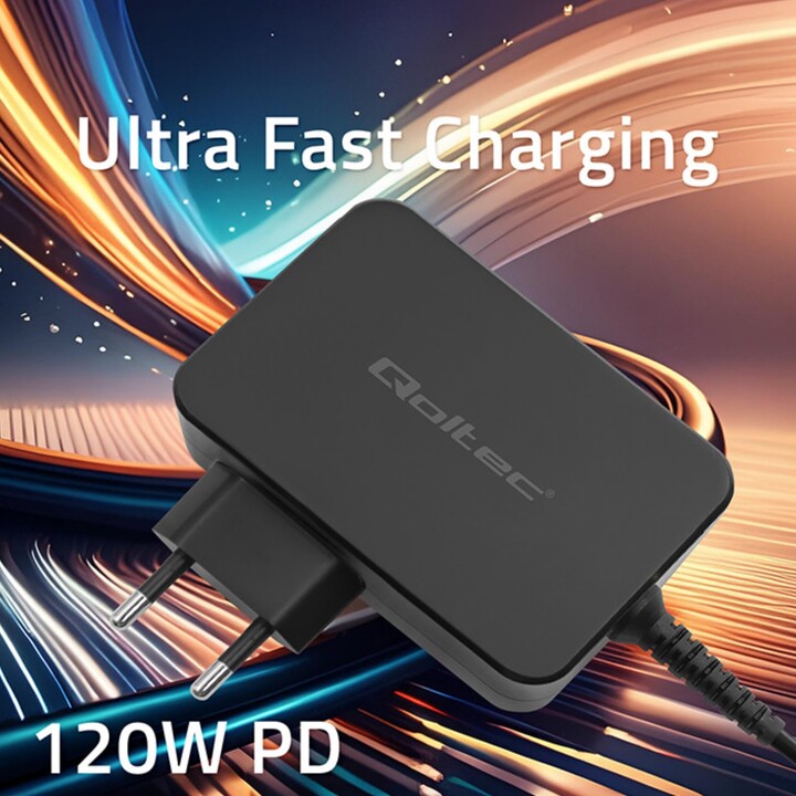 Qoltec PD 120W Turbo Cargador rápido | 5-28V | 3-4.5A | USB-C | Negro