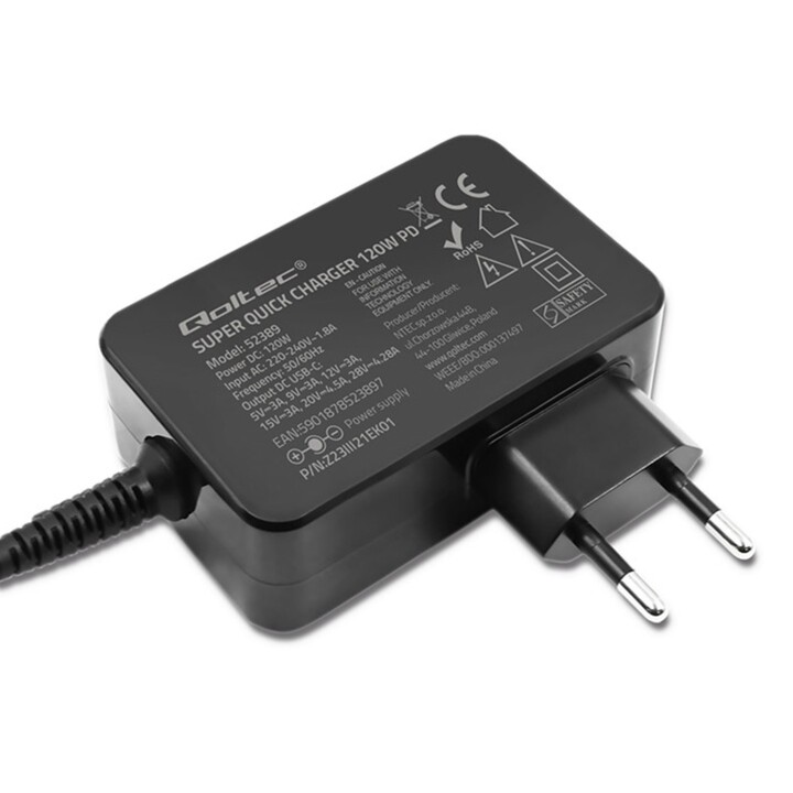 Qoltec PD 120W Turbo Cargador rápido | 5-28V | 3-4.5A | USB-C | Negro
