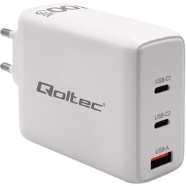 Qoltec 100W GaN Cargador de pared | 5-20V | 1.5-5A | 2 x USB-C PD | 1 x USB QC 3.0 | Blanco