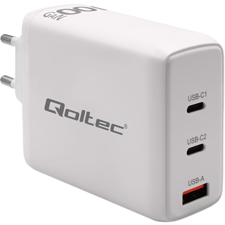 Qoltec 100W GaN Wall Charger | 5-20V | 1.5-5A | 2 x USB-C PD | 1 x USB QC 3.0 | White