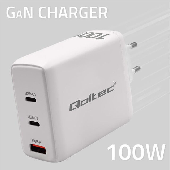 Qoltec 100W GaN Wall Charger | 5-20V | 1.5-5A | 2 x USB-C PD | 1 x USB QC 3.0 | White