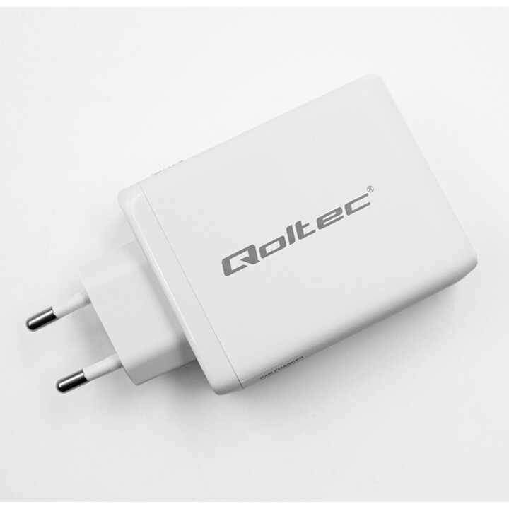 Qoltec 100W GaN Wall Charger | 5-20V | 1.5-5A | 2 x USB-C PD | 1 x USB QC 3.0 | White