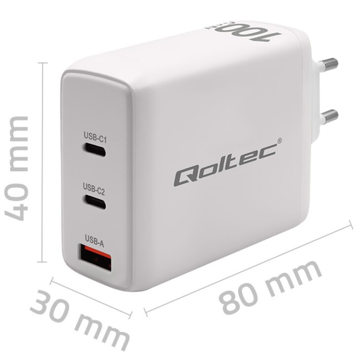 Qoltec 100W GaN Wall Charger | 5-20V | 1.5-5A | 2 x USB-C PD | 1 x USB QC 3.0 | White