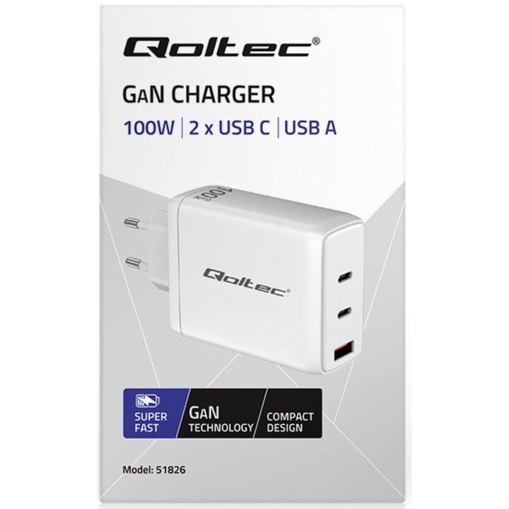 Qoltec 100W GaN Wall Charger | 5-20V | 1.5-5A | 2 x USB-C PD | 1 x USB QC 3.0 | White
