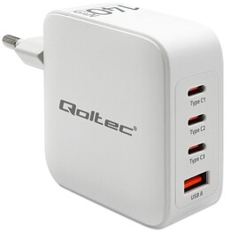 Caricatore da muro Qoltec 140W GaN | 5-20 V | 2,5-5A| 3 porta USB-C | 1 USB QC 3.0 | Bianco