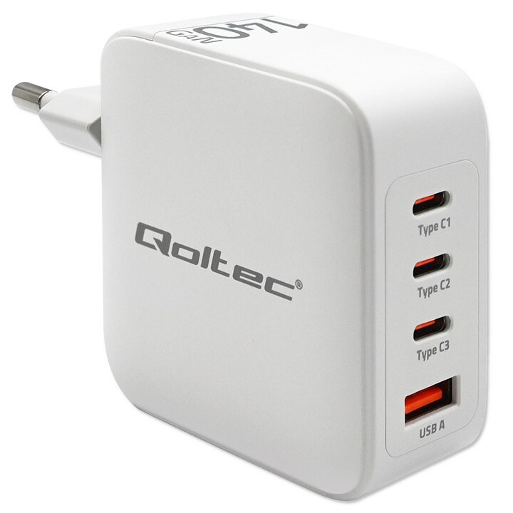 Qoltec 140W GaN Wall Charger | 5-20V | 2.5-5A | 3 x USB-C PD | 1 x USB QC 3.0 | White