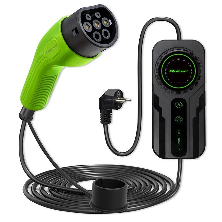 Qoltec Mobile EV Car Charger Adjustable 2in1 Type2 | SCHUKO | 3.5kW | 230V | LCD | Portable | Wallbox | 5m