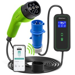 Qoltec Mobiles EV-Autoladegerät Einstellbar 2in1 Typ2 | 7kW | 230V | CEE 3 PIN | WLAN| LCD-Anzeige | Tragbar | Wallbox | 5m