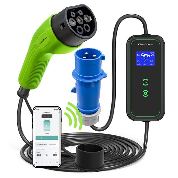 Qoltec Mobile EV Car Charger Adjustable 2in1 Type2 | 7kW | 230V | CEE 3 PIN | Wi-fi| LCD | Portable | Wallbox | 5m