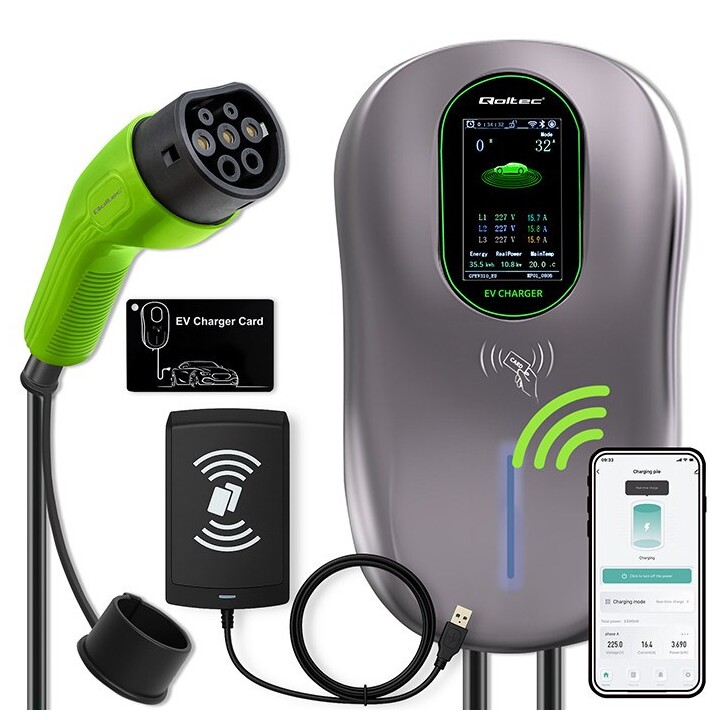 Qoltec Station de recharge EV 2en1 Type2 | 22kW | LCD | 2 Cartes EV | 3 phases | Wallbox | Système hôtel | 5m